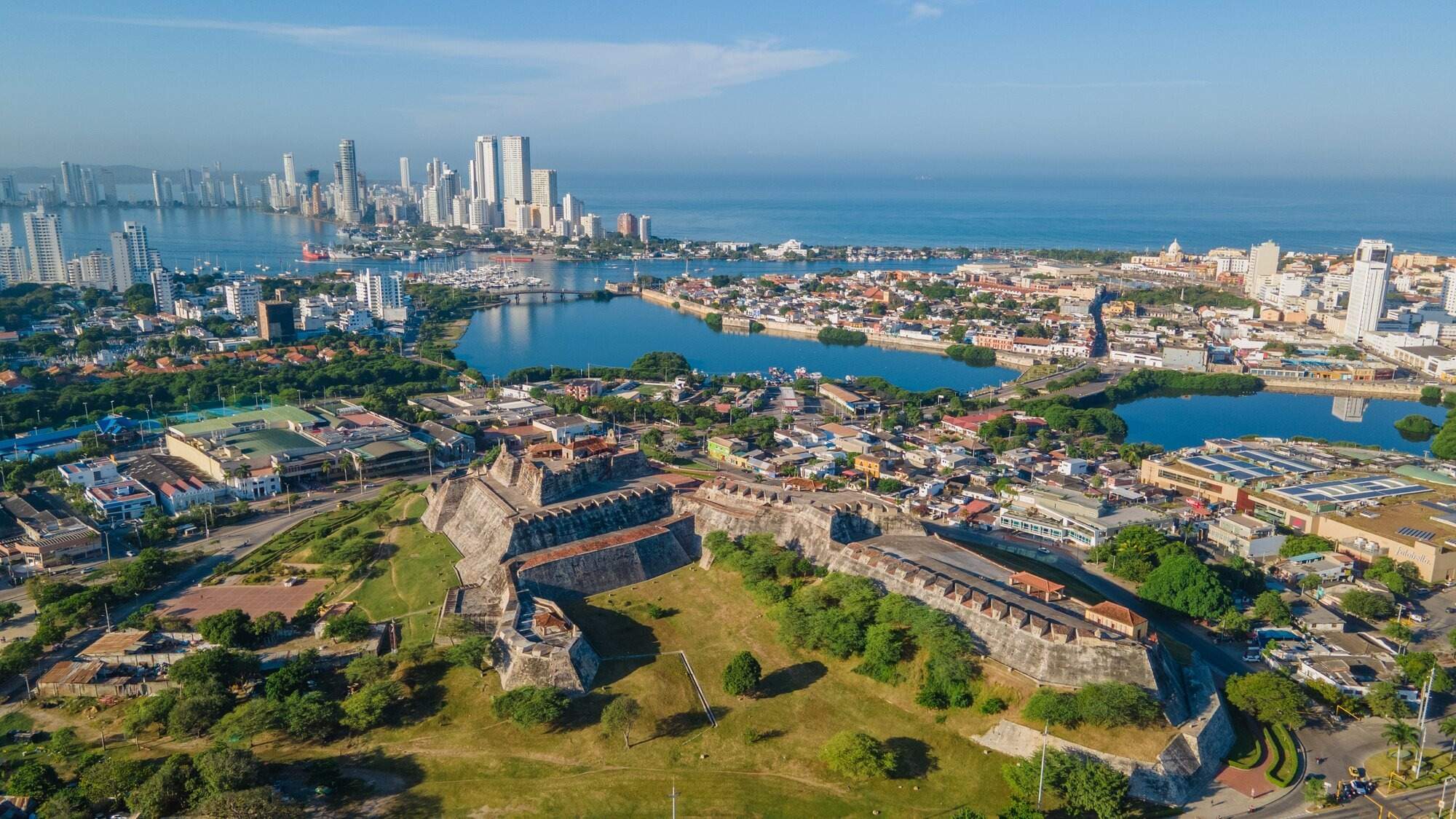 San Felipe Castle Aerial View, Cartagena Colombia Aerial panoramic view of San Felipe de Barajas Castle overlooking the walled city of Cartagena