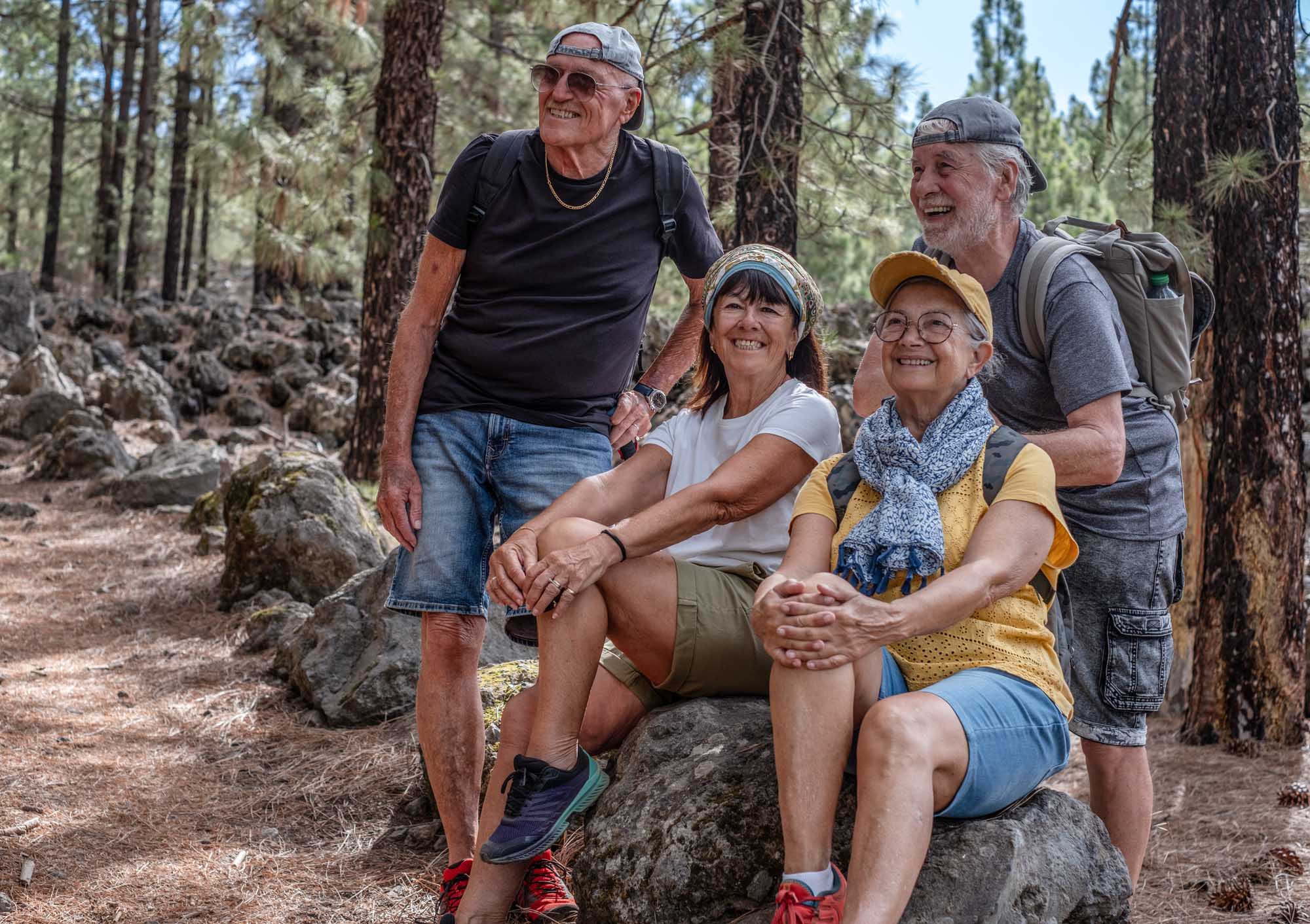 Senior Friends Hiking in Forest A cheerful group of four mature adults take a rest break while trekking through a pine forest