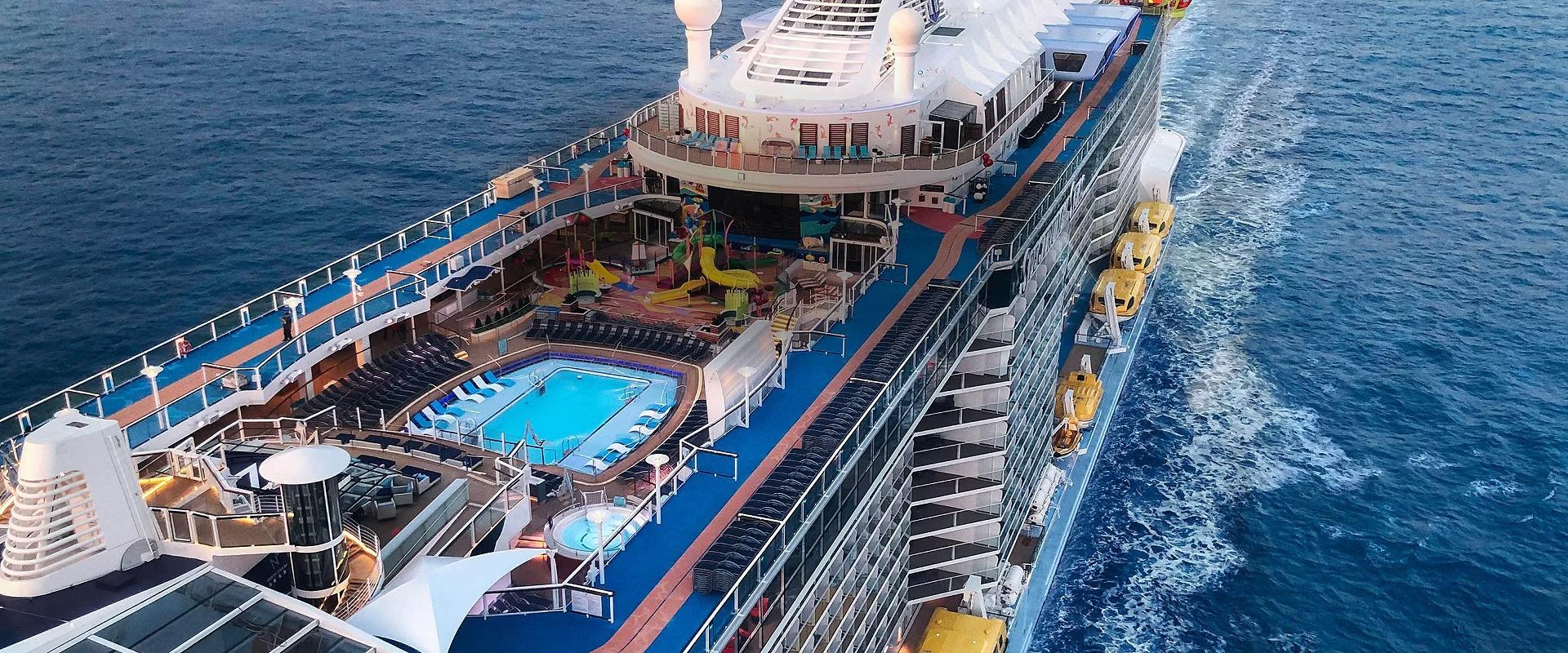Spectrum of the Seas Aerial Pool Deck View An aerial view of the Spectrum of the Seas cruise ship showing its expansive pool deck with bright