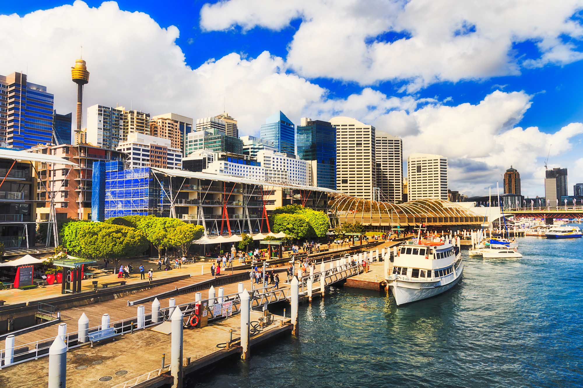 Sydney Darling Harbour Kings Wharf Waterfront A vibrant daytime view of Sydney's Darling Harbour waterfront featuring Kings Wharf with docked
