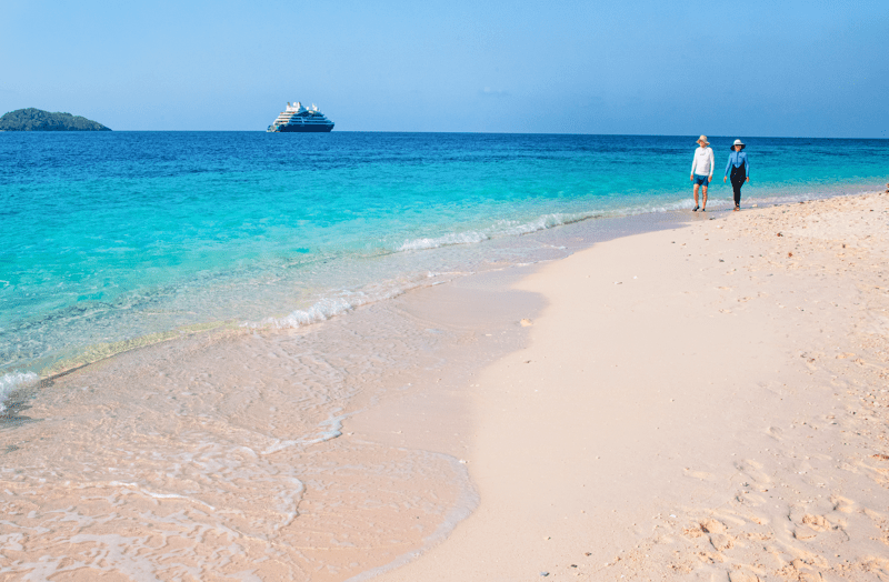 Tropical Beach with Cruise Ship Anchorage A pristine tropical beach with turquoise shallow waters and white sand, featuring two visitors