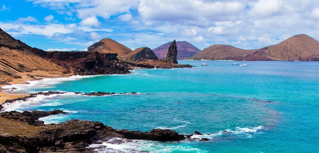 Turquoise Waters and Volcanic Islands, Galápagos A stunning coastal vista of the Galápagos Islands featuring pristine turquoise waters, dark