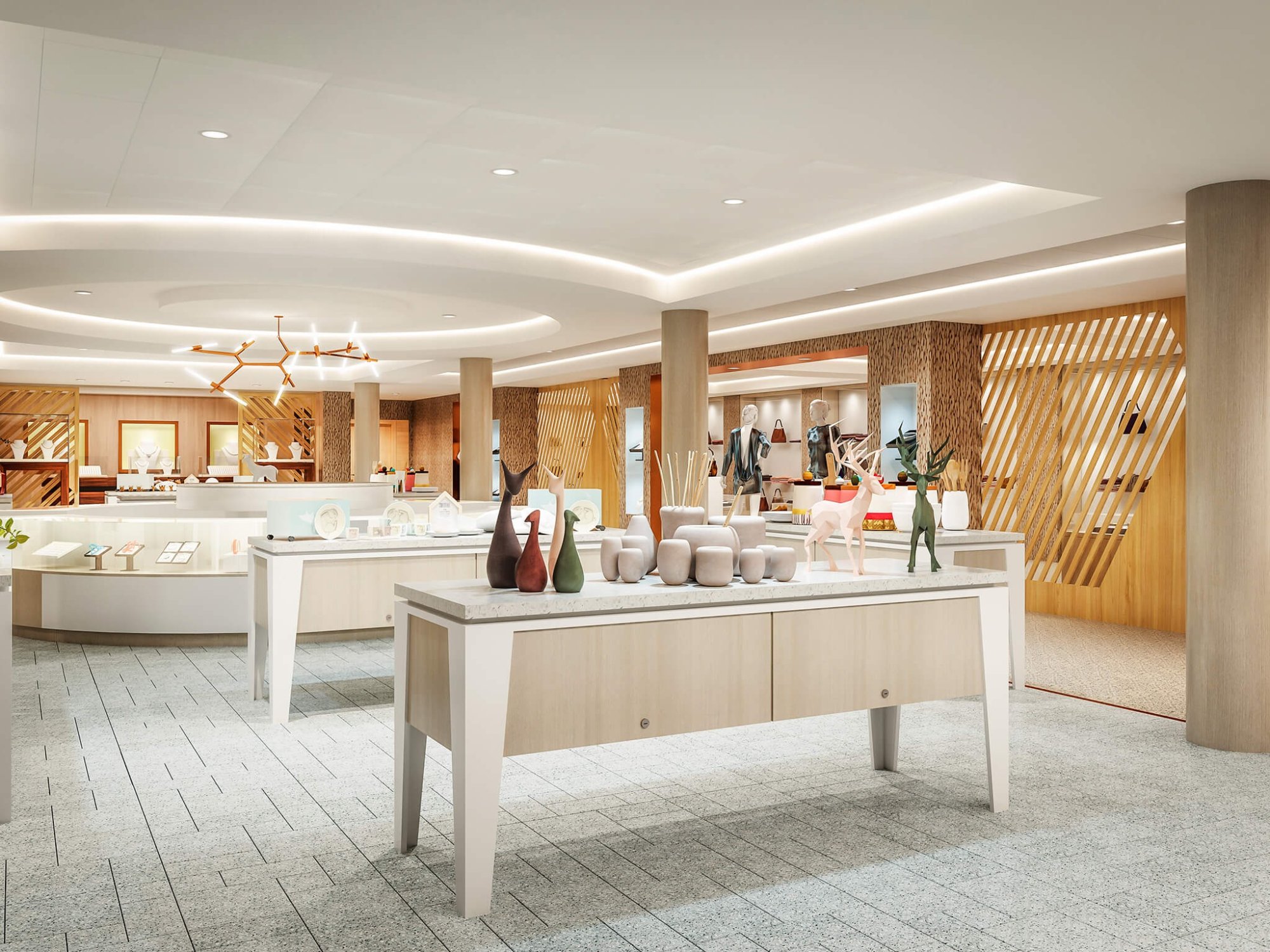 Vidanta Voyages Modern Mexico Luxury Retail Showroom A contemporary, upscale retail and showroom space featuring modern design elements including warm