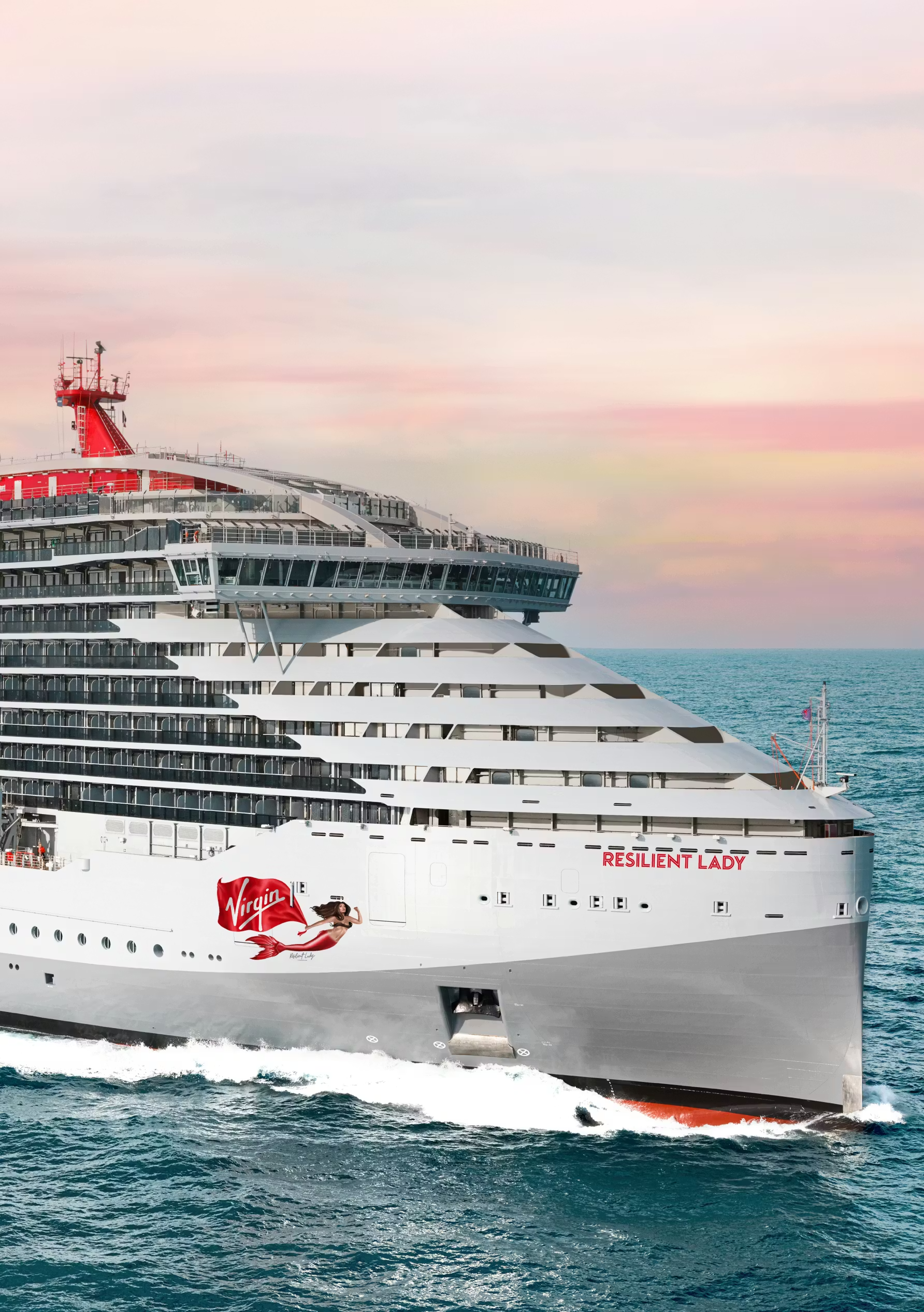 Virgin Voyages Resilient Lady Cruise Ship at Sea The Virgin Voyages cruise ship Resilient Lady is pictured underway at sea, showcasing its